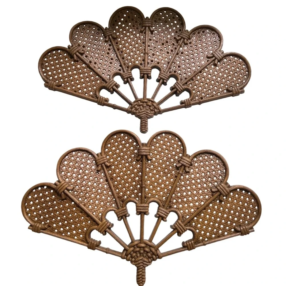 Vintage Burwood Products 1981 Faux Wicker Cane Wall Hanging Fan Pair Brown 2490